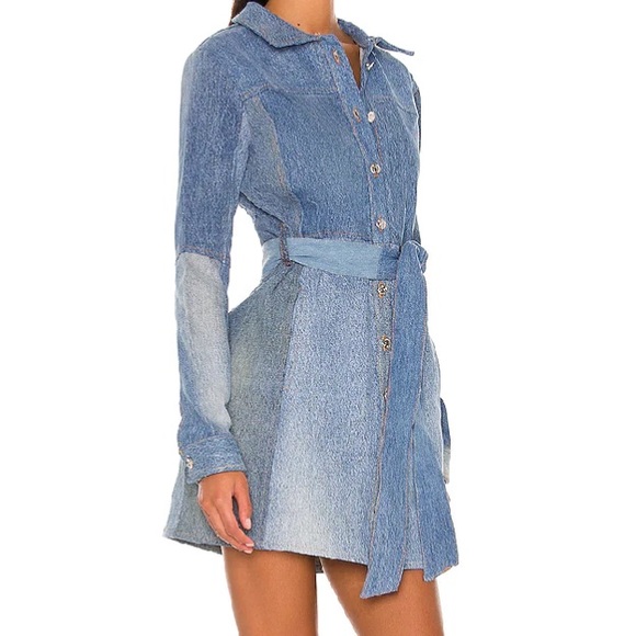 🆕EB DENIM KLIED DENIM BELTED TRENCH PATCHWORK BUTTON UP LONG SLEEVE MINI DRESS - Picture 5 of 7